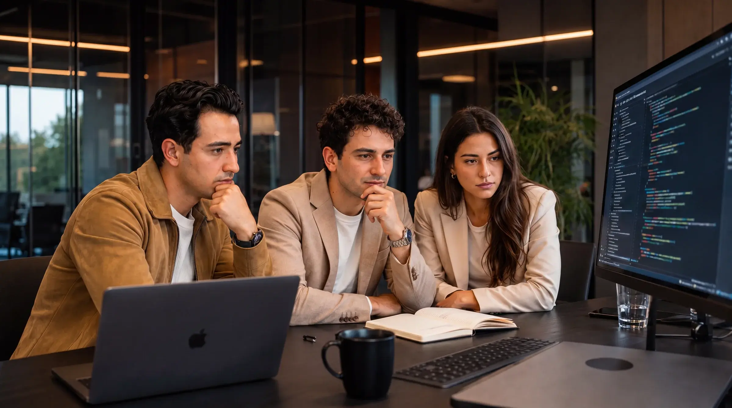 Équipe concentrée sur le développement d'un projet web devant un écran de code.